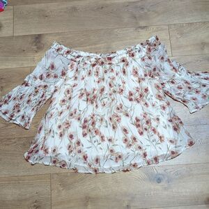 Lucky Brand Sheer Layered Floral Top with Flowing Bell Sleeves Large